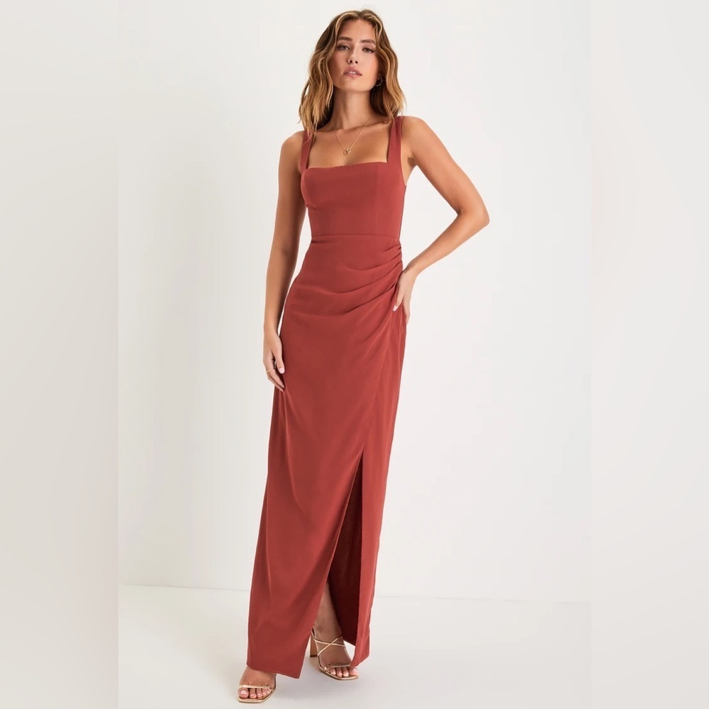 Lulus Glamorous Disposition Rust Ruched Maxi Dress